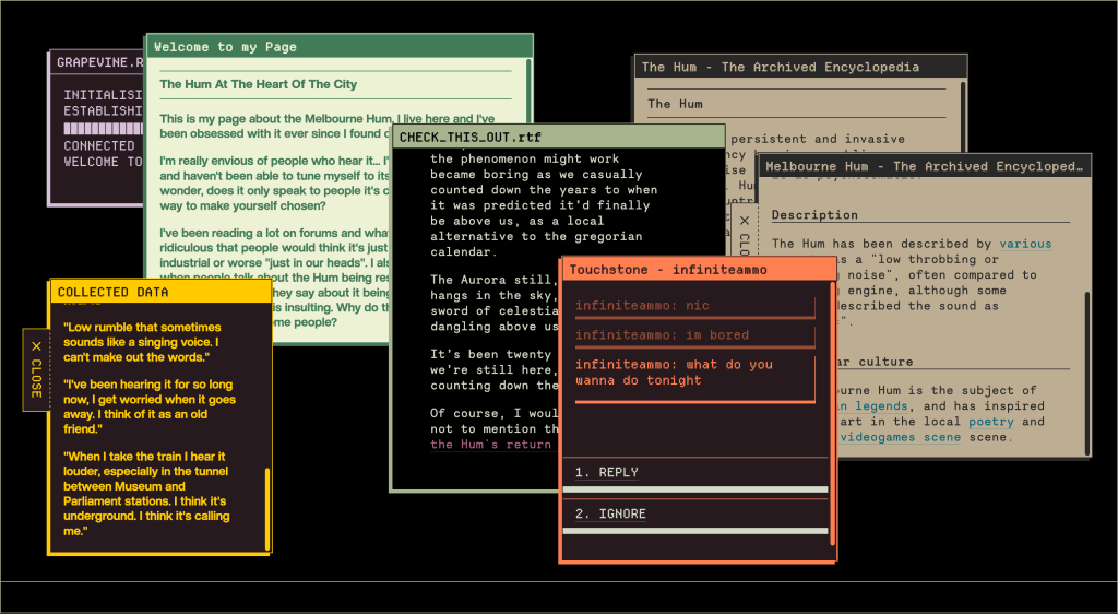 pop up windows describing hums and a conversation between people texting