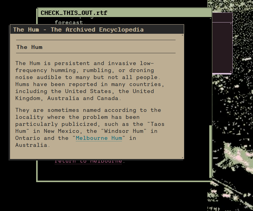 game screenshot saying how a hum can be heard in some parts of the world including Windsor, Ontario