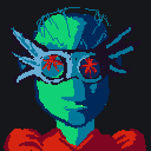 creepy green guy with giant glasses and red shirt