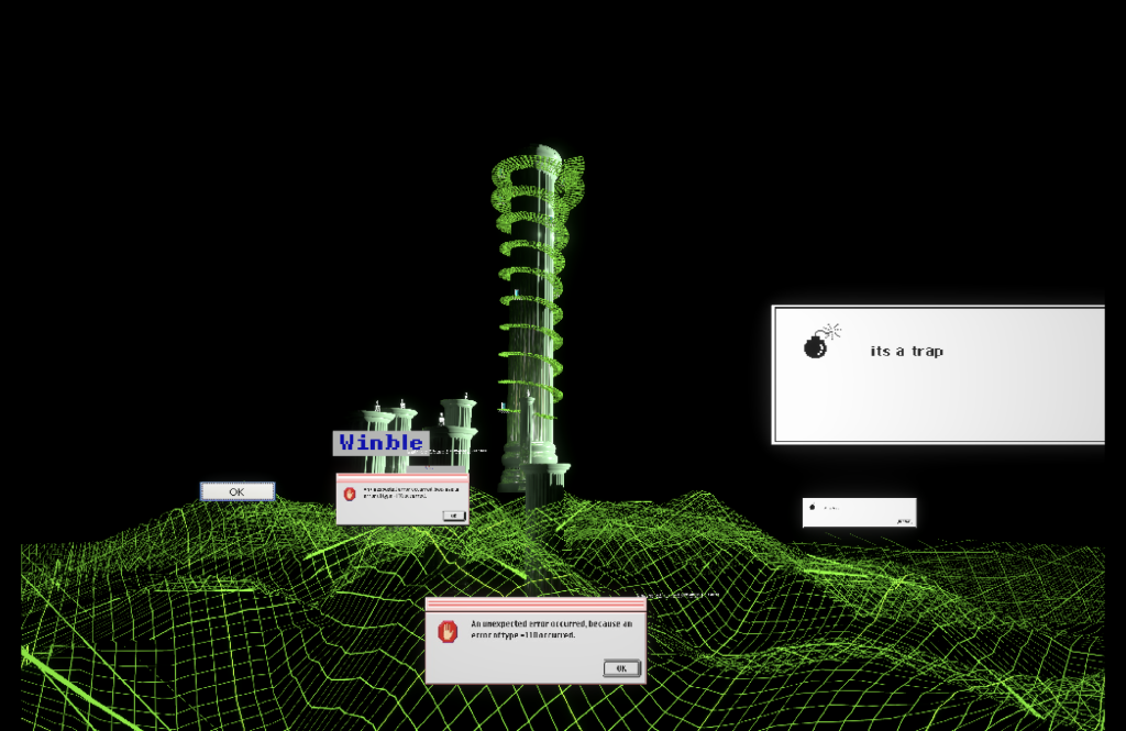 a green grid with a giant tower coming out of it. Error windows cover the landscape
