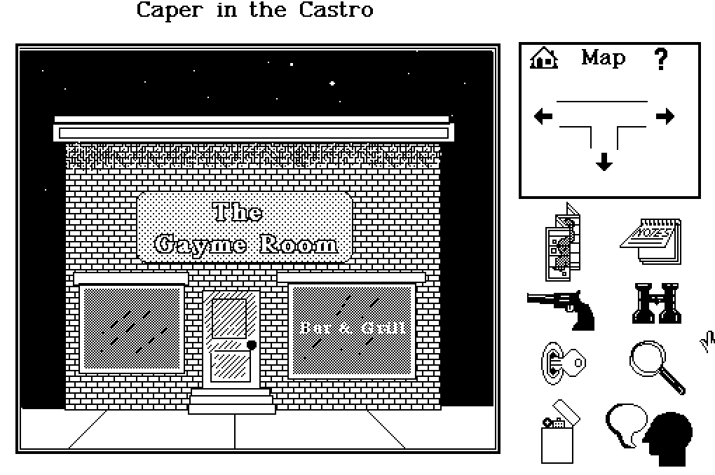 game screenshot set outside a bar at night. The bar is titled "The Gayme Room"