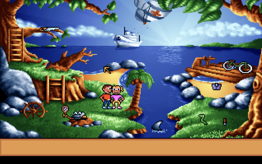 a boy and a girl standing on an island with a saw in a tree and a mole holding a mirror
