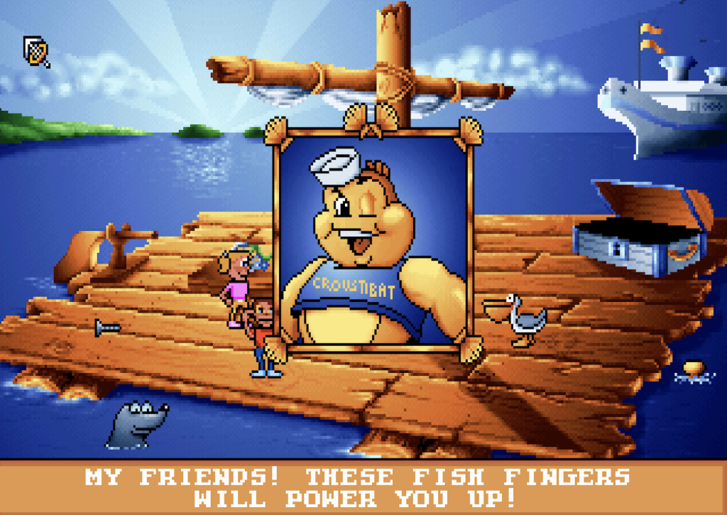 a muscular fish with a hat saying "my friends! These fish fingers will power you up!"