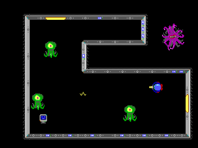 top down view of a person shooting lasers at green tentacle monsters and there's a purple tentacle monster
