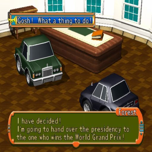 two cars talking in an office, one saying "I have decided! I'm going to hand over the presidency to the one who wins the World Grand Prix!"