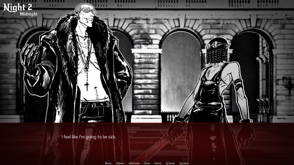 two vampires, one bald person wearing a coat and the other in some kind of leather mask and sword