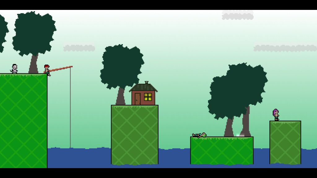 Knytt screenshot of people hanging out by the water, someone laying down, someone fishing, a house and trees