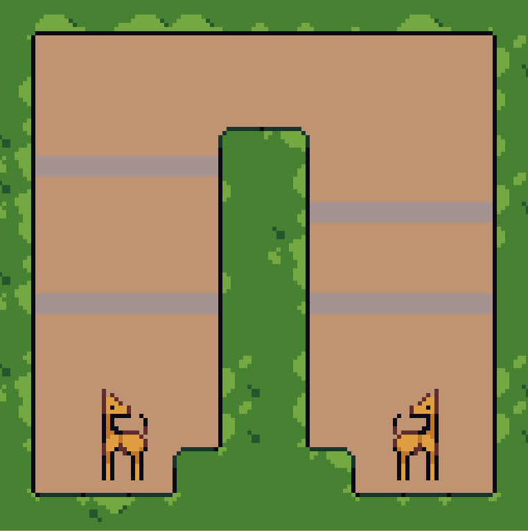 two giraffes separated by bushes