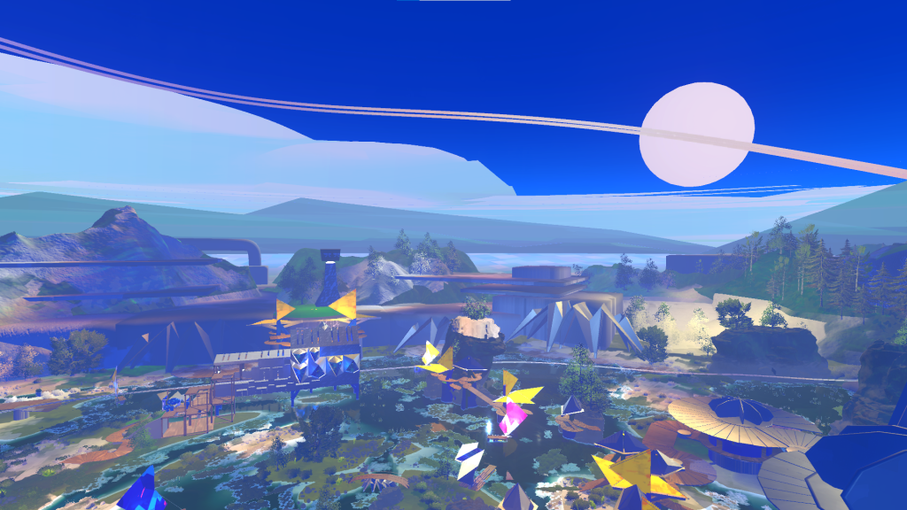overview of a big world with a train rail going around it