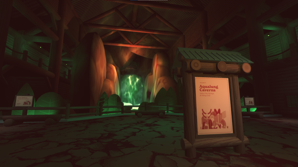 inside a cavern and looking at a waterfall. There's a sign that says Aqualung Caverns
