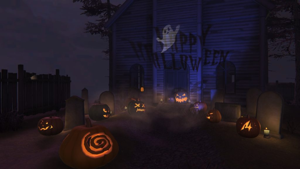 an old building and carved pumpkins and night with text on the building saying Happy Halloween