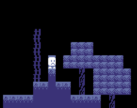 a little guy frowning and is next to trees and a ladder