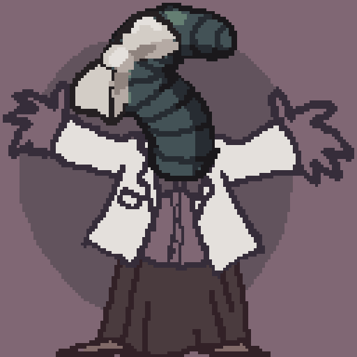 person in a lab coat and skirt with a worm head and the head has a bow
